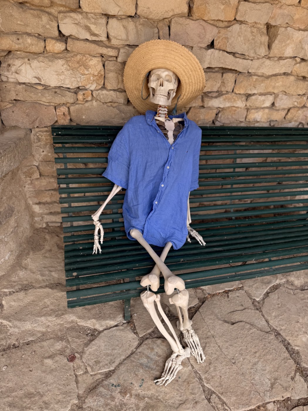 Ms. Tibia, the Prevenova mascot: a skeleton in a blue linen shirt and straw hat lounging on a bench